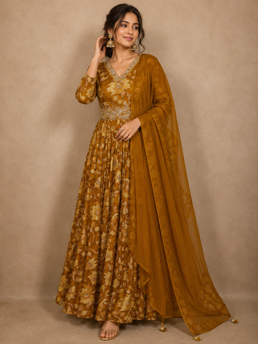 Mustard Yellow Abstract Printed Design Georgette Anarkali Gown with Dupatta
